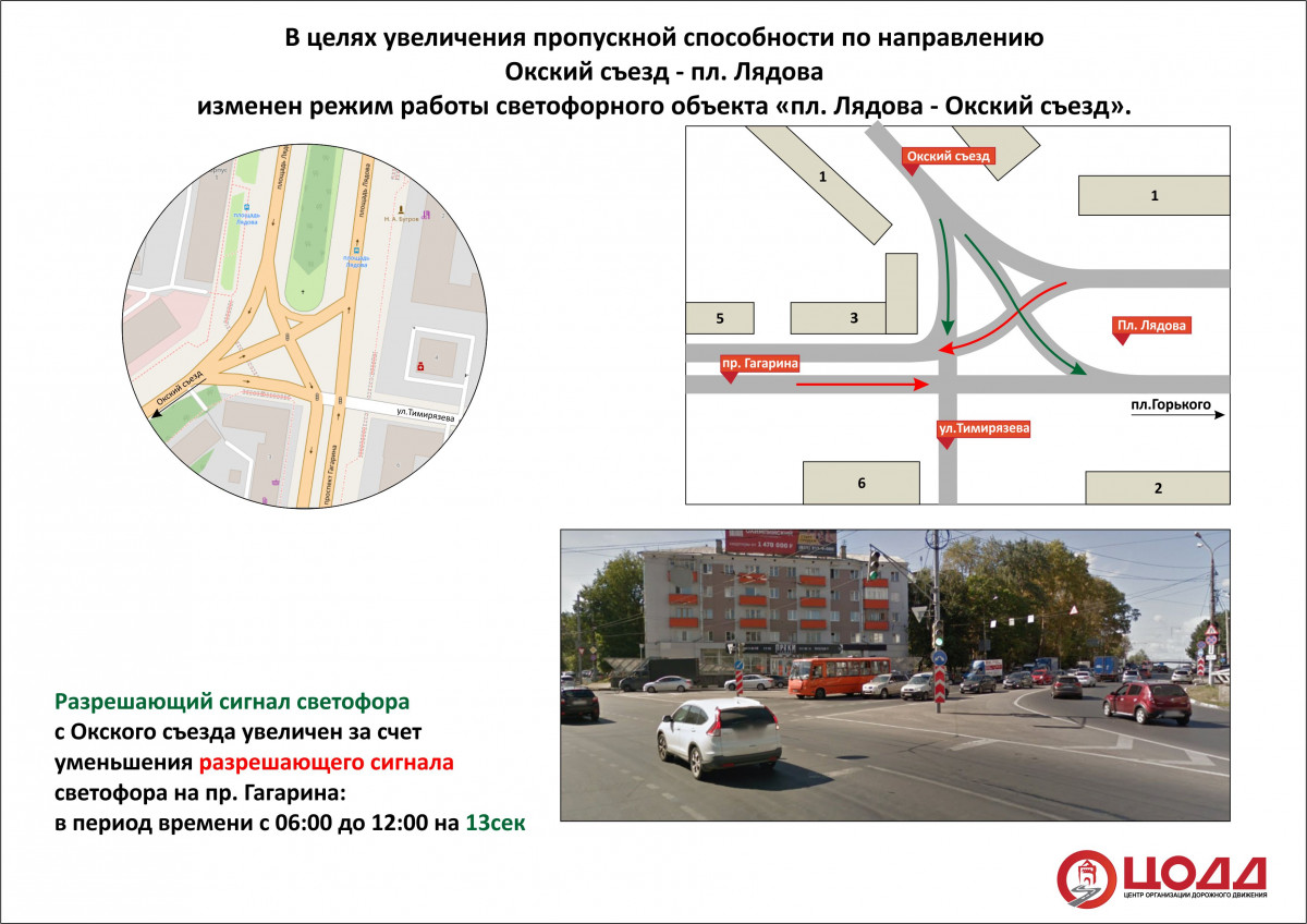 Режим работы светофора изменили на площади Лядова в Нижнем Новгороде